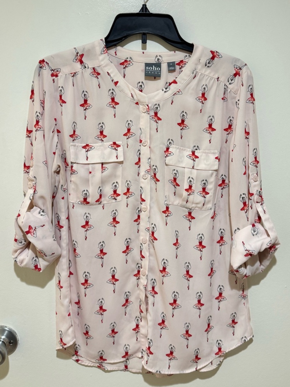 Soho Cream Button-Front Blouse with Red Ballerina Print